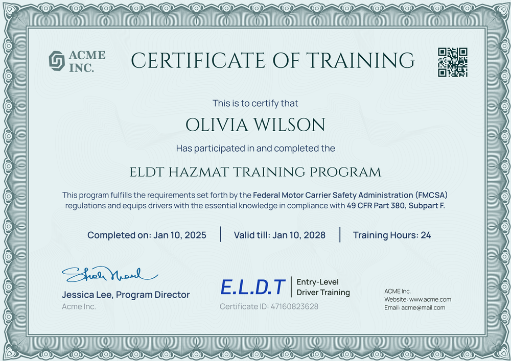 Free ELDT Hazmat Certificate Template - Customize Online Landscape Free ELDT Hazmat Certificate Template - Customize Online Landscape