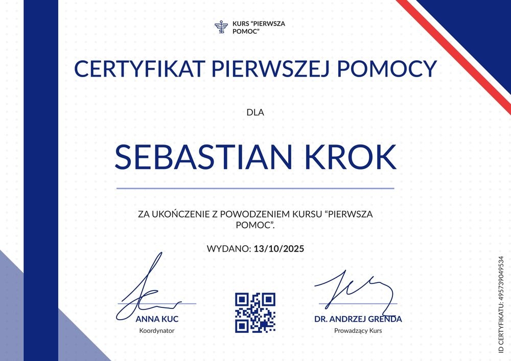 Darmowy certyfikat ukończenia kursu pierwszej pomocy wzór – pozioma Darmowy certyfikat ukończenia kursu pierwszej pomocy wzór – pozioma
