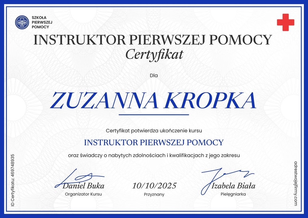 Zaświadczenie o ukończeniu kursu pierwszej pomocy doc – pozioma Zaświadczenie o ukończeniu kursu pierwszej pomocy doc – pozioma
