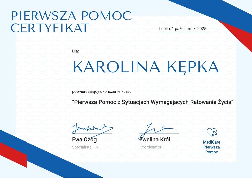 Certyfikat ukończenia kursu pierwszej pomocy wzór – pozioma Certyfikat ukończenia kursu pierwszej pomocy wzór – pozioma
