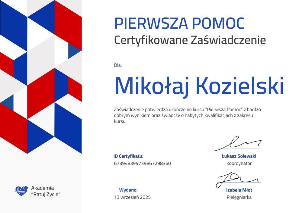 Certyfikat ukończenia kursu pierwszej pomocy wzór – pozioma Certyfikat ukończenia kursu pierwszej pomocy wzór – pozioma