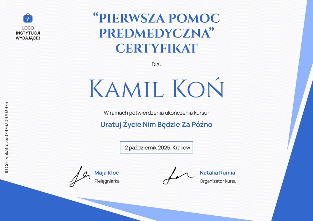Elegancki certyfikat ukończenia kursu pierwszej pomocy wzór – pozioma Elegancki certyfikat ukończenia kursu pierwszej pomocy wzór – pozioma
