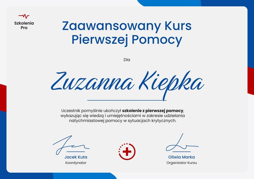 Certyfikat ukończenia kursu pierwszej pomocy wzór – pozioma Certyfikat ukończenia kursu pierwszej pomocy wzór – pozioma