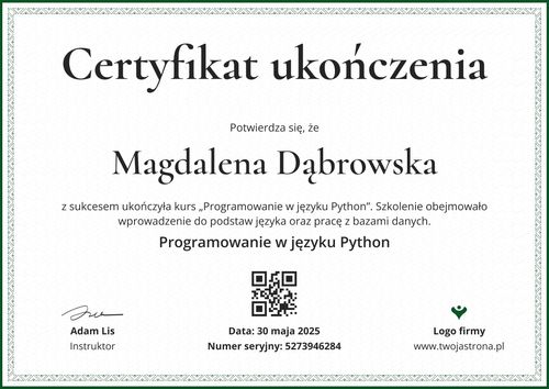 Skorzystaj z darmowego wzoru i edytuj certyfikat ukończenia szkolenia - pozioma Skorzystaj z darmowego wzoru i edytuj certyfikat ukończenia szkolenia - pozioma