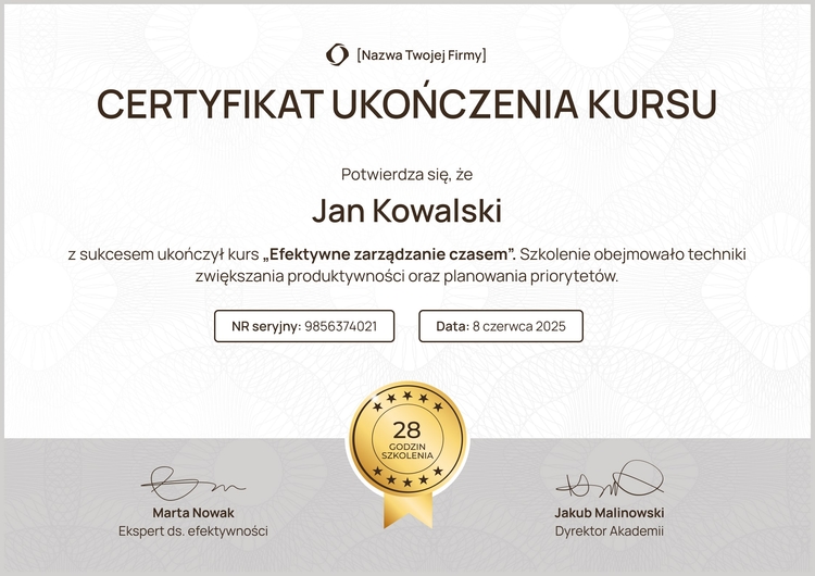 Zorganizowany i profesjonalny certyfikat ukończenia szkolenia wzór Zorganizowany i profesjonalny certyfikat ukończenia szkolenia wzór