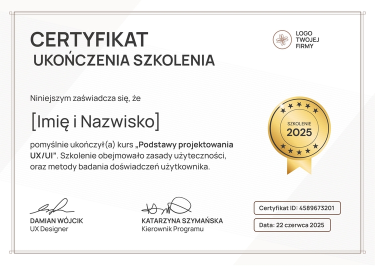 Drukowany i profesjonalny certyfikat ukończenia szkolenia wzór Drukowany i profesjonalny certyfikat ukończenia szkolenia wzór