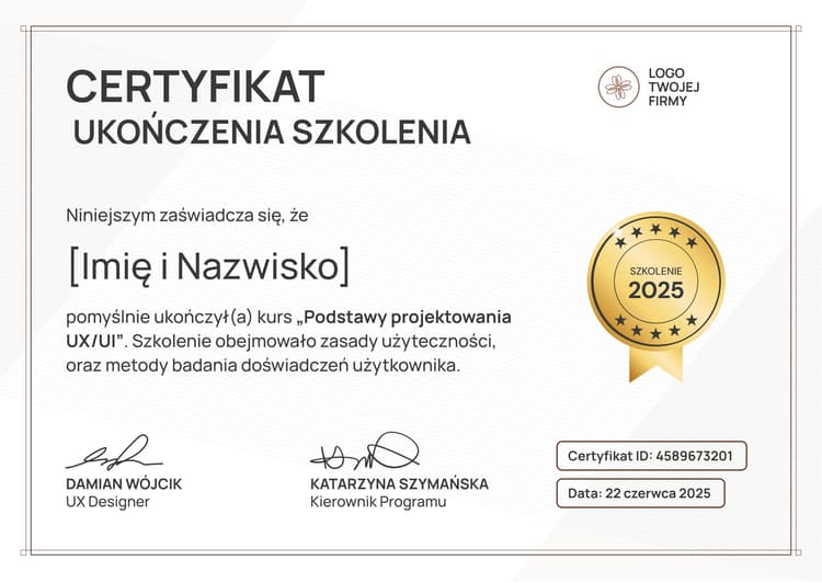 Drukowany i profesjonalny certyfikat ukończenia szkolenia wzór  Drukowany i profesjonalny certyfikat ukończenia szkolenia wzór