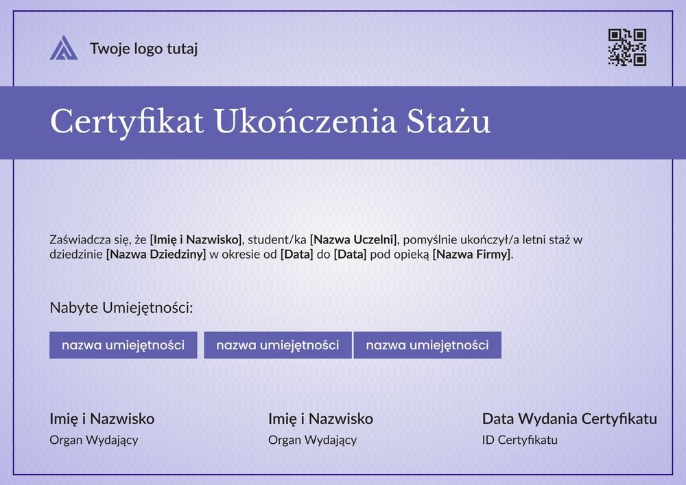 Wzór na zaświadczenie o odbyciu stażu – pozioma Wzór na zaświadczenie o odbyciu stażu – pozioma