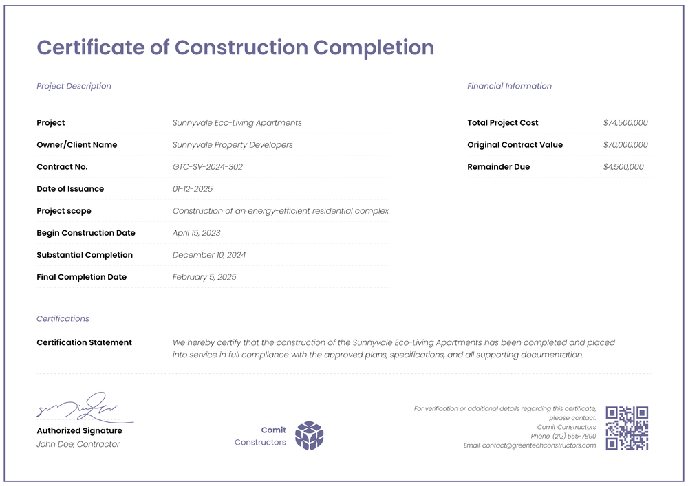 Contemporary Construction Completion Certificate Template - Free & Editable Landscape Contemporary Construction Completion Certificate Template - Free & Editable Landscape