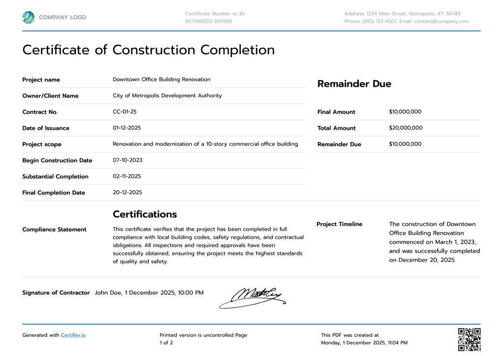 Complex Construction Completion Certificate Template - Customize Landscape Complex Construction Completion Certificate Template - Customize Landscape