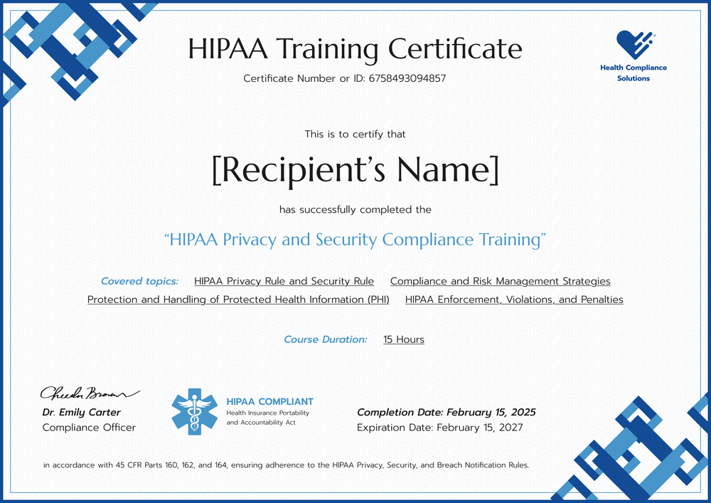 Printable HIPAA Training Certificate Template - Free & Editable Landscape Printable HIPAA Training Certificate Template - Free & Editable Landscape
