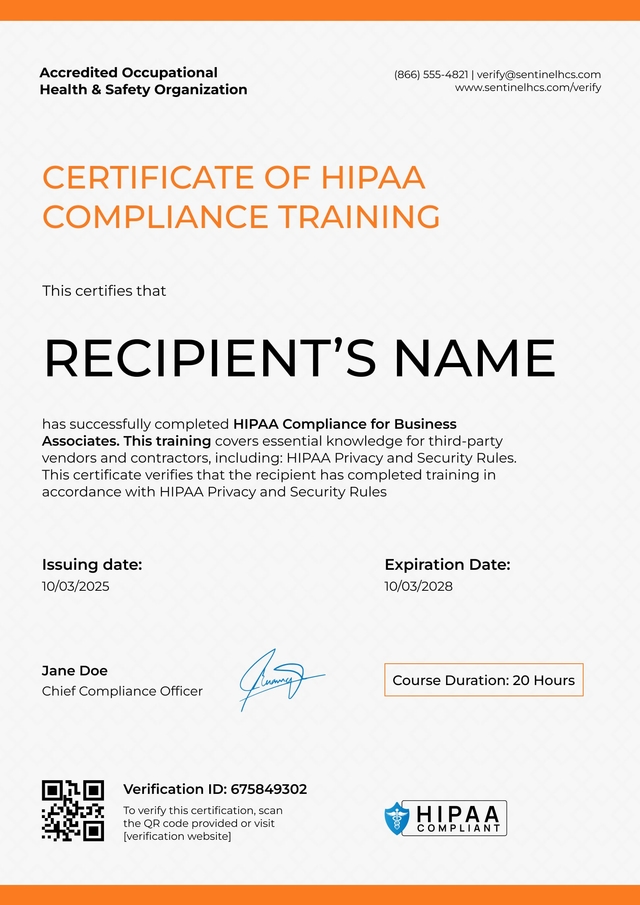 Professional and balanced HIPAA training certificate template Professional and balanced HIPAA training certificate template