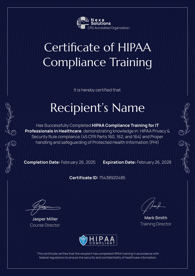 Professional and dark HIPAA training certificate template Professional and dark HIPAA training certificate template