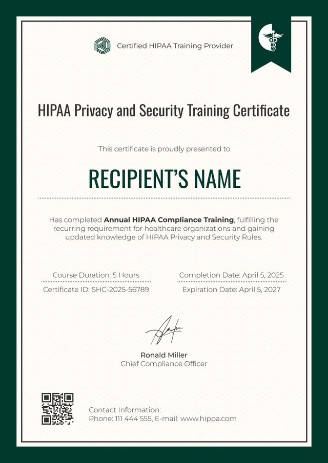 Professional and framed HIPAA training certificate template Professional and framed HIPAA training certificate template