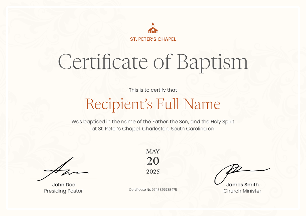 Free Professional Certificate of Baptism Template – Landscape Free Professional Certificate of Baptism Template – Landscape
