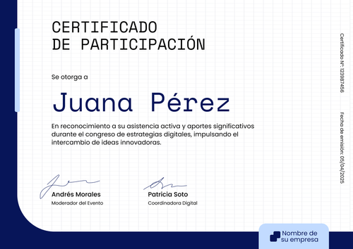 Plantilla de certificado de participación pulida y editable con Certifier - Horizontal Plantilla de certificado de participación pulida y editable con Certifier - Horizontal