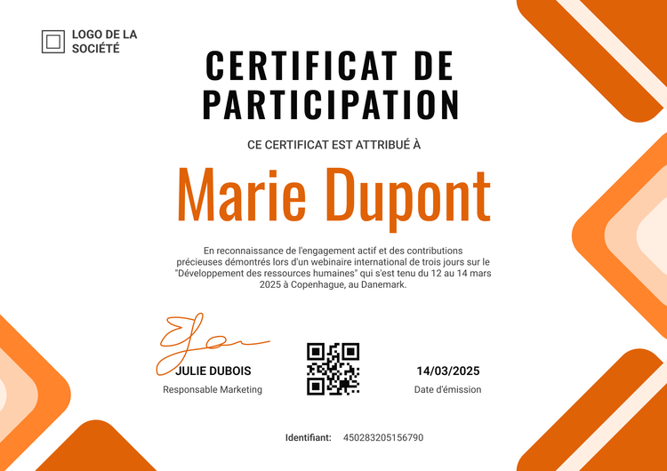 Modèle de certificat de participation moderne et impactant Modèle de certificat de participation moderne et impactant