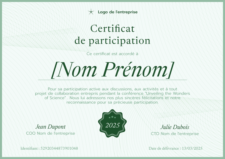 Modèle de certificat de participation professionnel et structuré Modèle de certificat de participation professionnel et structuré