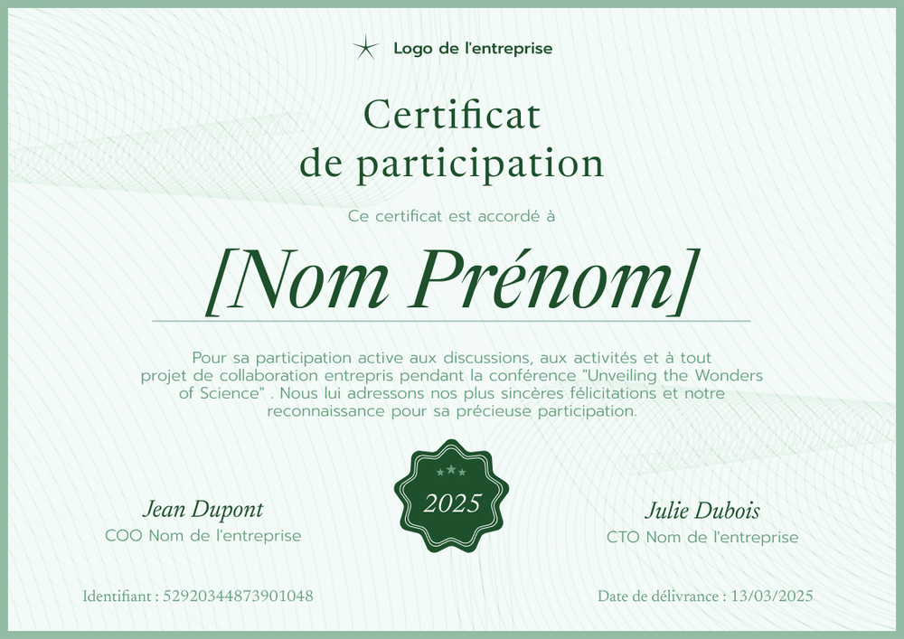 Modèle certificat de participation professionnel et structuré – Paysage Modèle certificat de participation professionnel et structuré – Paysage