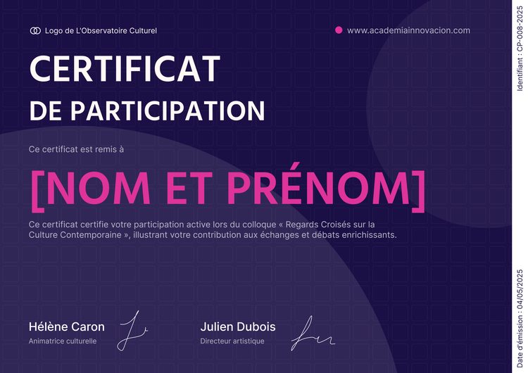 Modèle de certificat de participation professionnel et stylisé Modèle de certificat de participation professionnel et stylisé