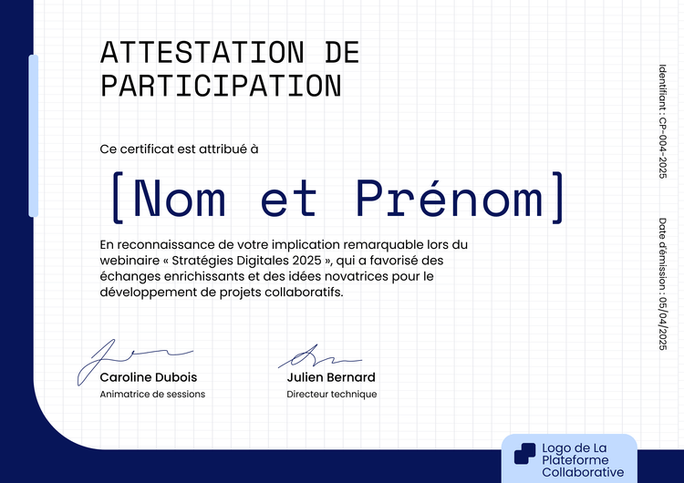 Modèle de certificat de participation moderne et soigné Modèle de certificat de participation moderne et soigné
