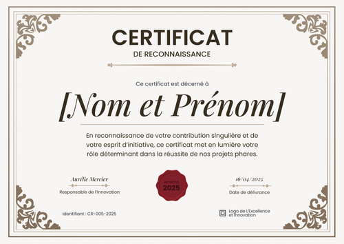 Certificat de reconnaissance formel et majestueux – Paysage Certificat de reconnaissance formel et majestueux – Paysage