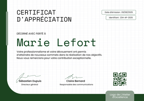 Certificat d'appréciation officiel et professionnel – Paysage Certificat d'appréciation officiel et professionnel – Paysage