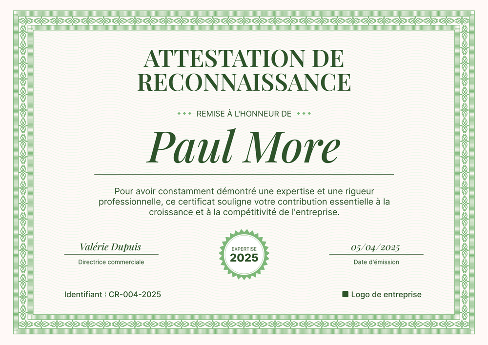 Certificat de reconnaissance formel et cérémonial – Paysage Certificat de reconnaissance formel et cérémonial – Paysage