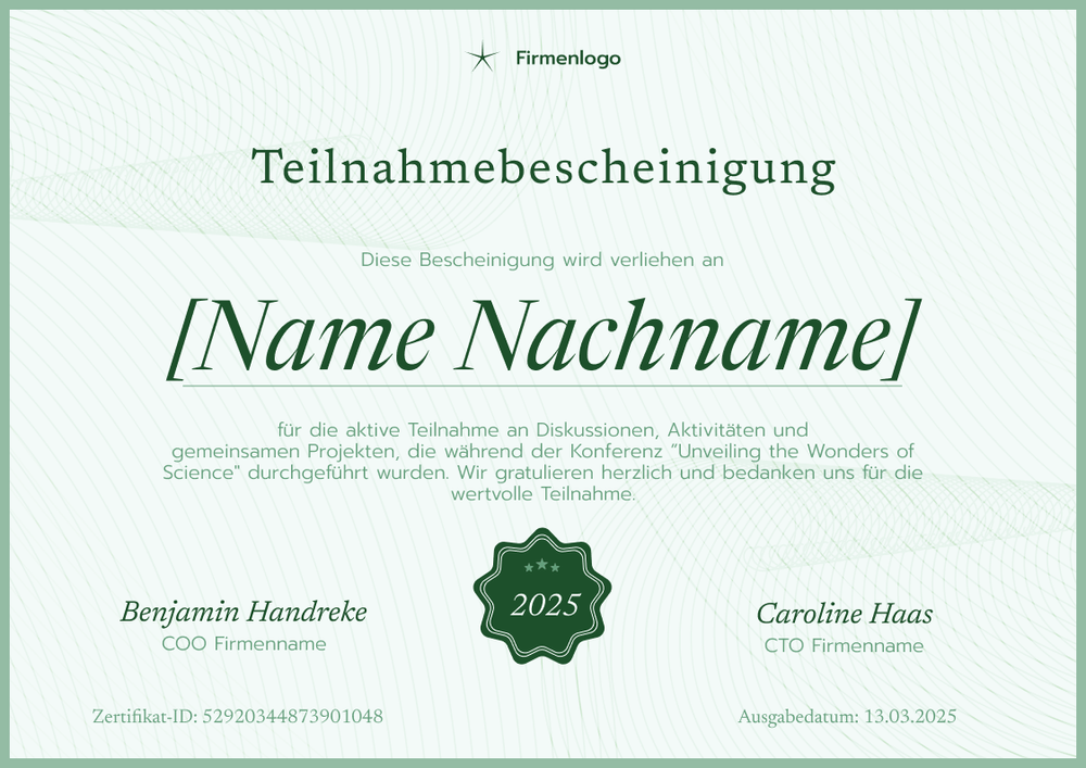 Teilnahmebescheinigung Vorlage für Fortbildungen – Querformat Teilnahmebescheinigung Vorlage für Fortbildungen – Querformat