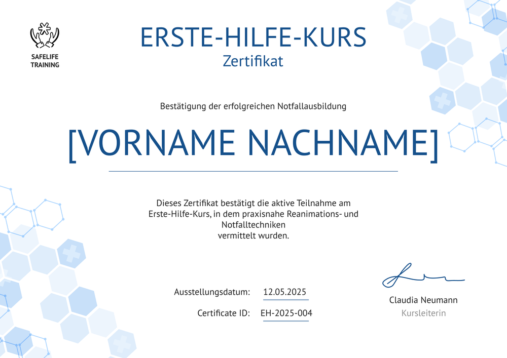 Leichtes Erste Hilfe Zertifikat – Querformat Leichtes Erste Hilfe Zertifikat – Querformat