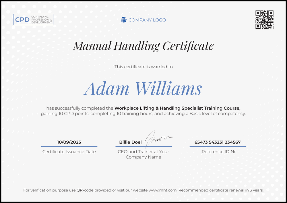 Free Manual Handling Certificate Template - Landscape Free Manual Handling Certificate Template - Landscape
