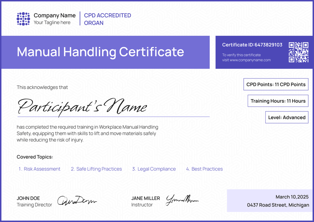 Free Manual Handling Certificate Template - Landscape Free Manual Handling Certificate Template - Landscape
