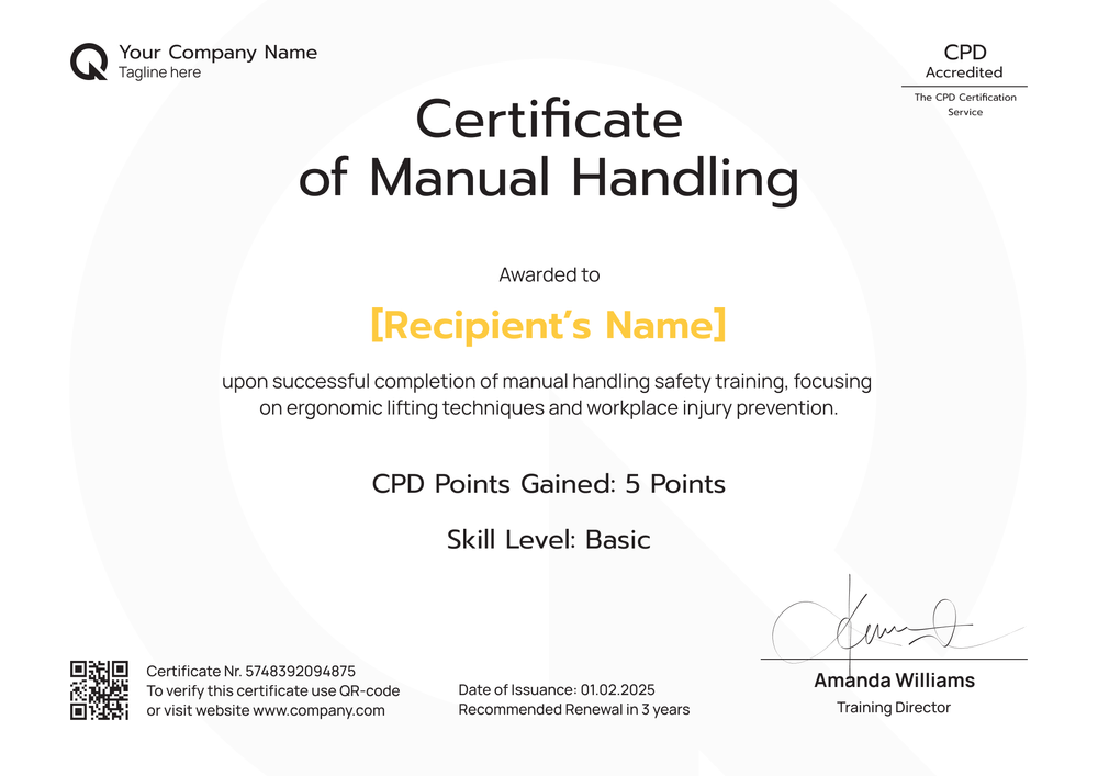 Free Manual Handling Certificate Template - Landscape Free Manual Handling Certificate Template - Landscape