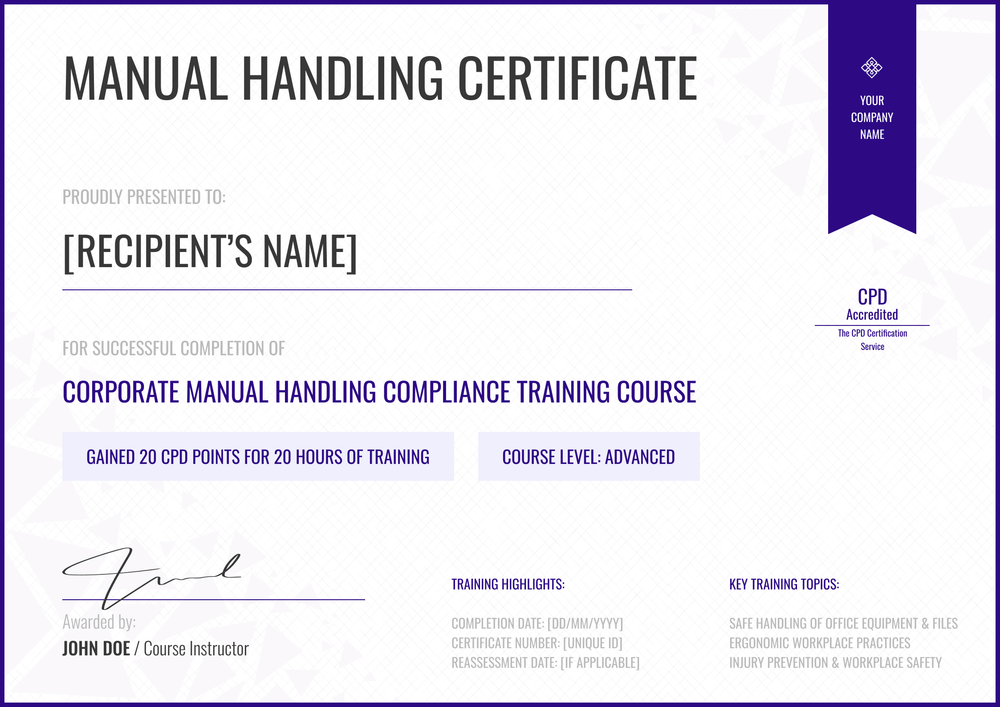 Free Manual Handling Certificate Template - Landscape Free Manual Handling Certificate Template - Landscape
