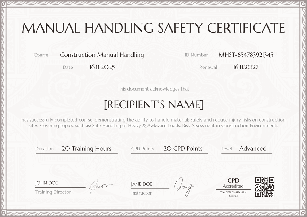 Free Manual Handling Certificate Template - Landscape Free Manual Handling Certificate Template - Landscape
