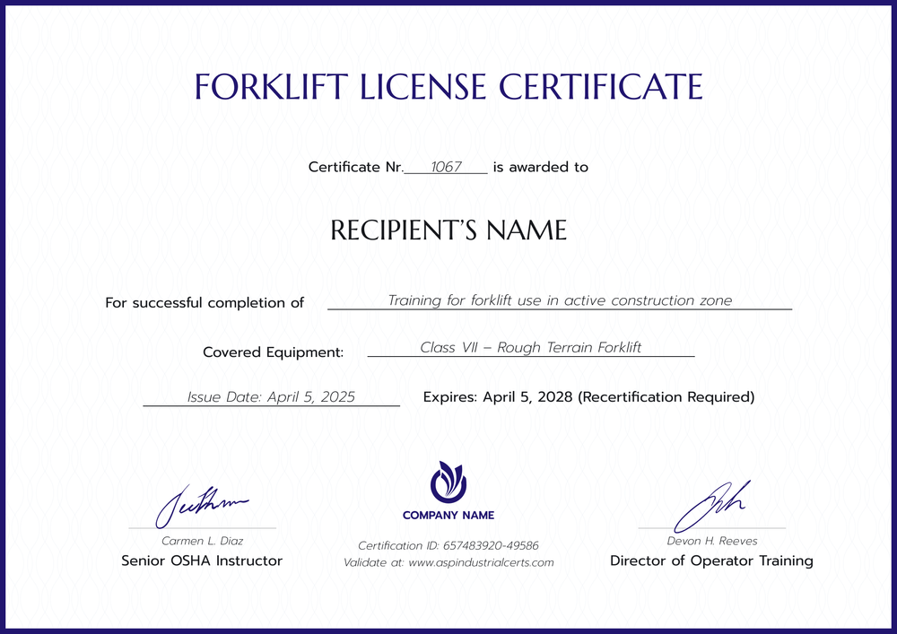 Forklift License Certificate Template - Landscape Forklift License Certificate Template - Landscape