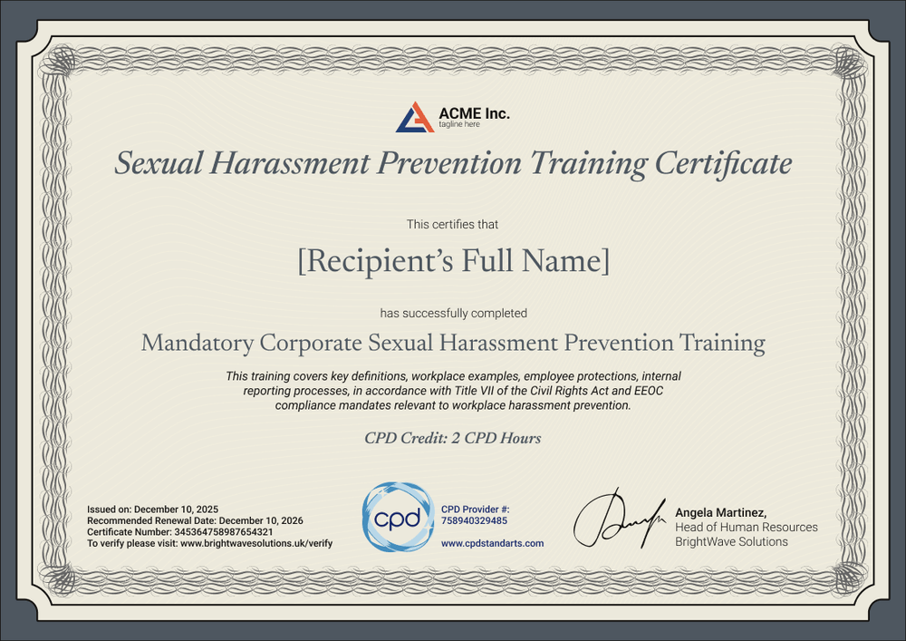 Official Sexual Harassment Training Certificate Template – Landscape Official Sexual Harassment Training Certificate Template – Landscape