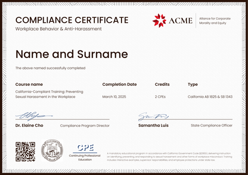 Sexual Harassment Training Certificate Template – Landscape Sexual Harassment Training Certificate Template – Landscape