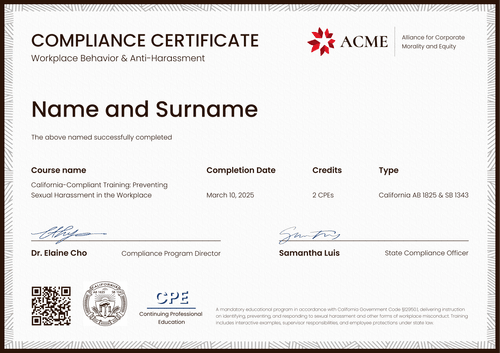 Sexual Harassment Training Certificate Template – Landscape Sexual Harassment Training Certificate Template – Landscape