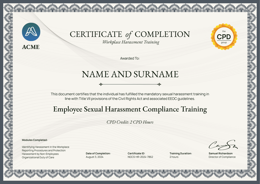 Free Sexual Harassment Training Certificate Template – Landscape Free Sexual Harassment Training Certificate Template – Landscape