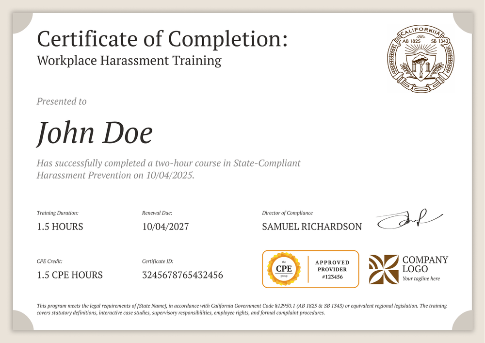 Free Sexual Harassment Training Certificate of Completion - Landscape Free Sexual Harassment Training Certificate of Completion - Landscape