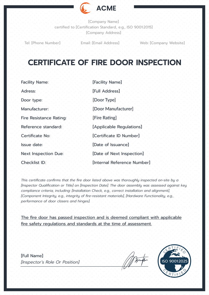 Professional Fire Door Inspection Certificate Template – Portrait Professional Fire Door Inspection Certificate Template – Portrait