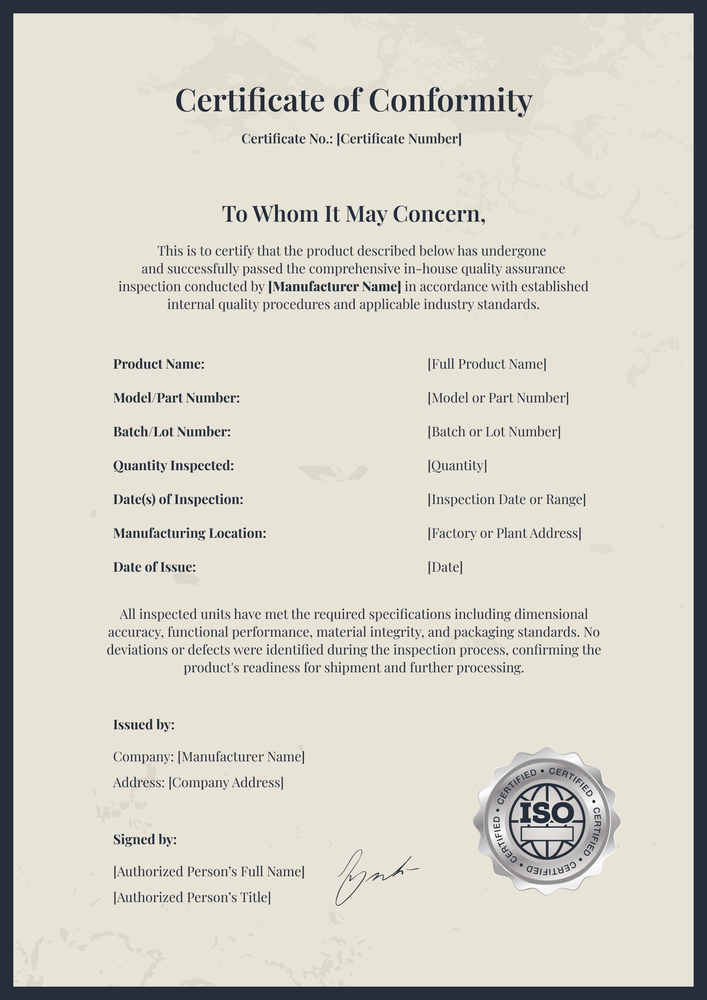 Free Certificate of Conformance Template – Portrait Free Certificate of Conformance Template – Portrait