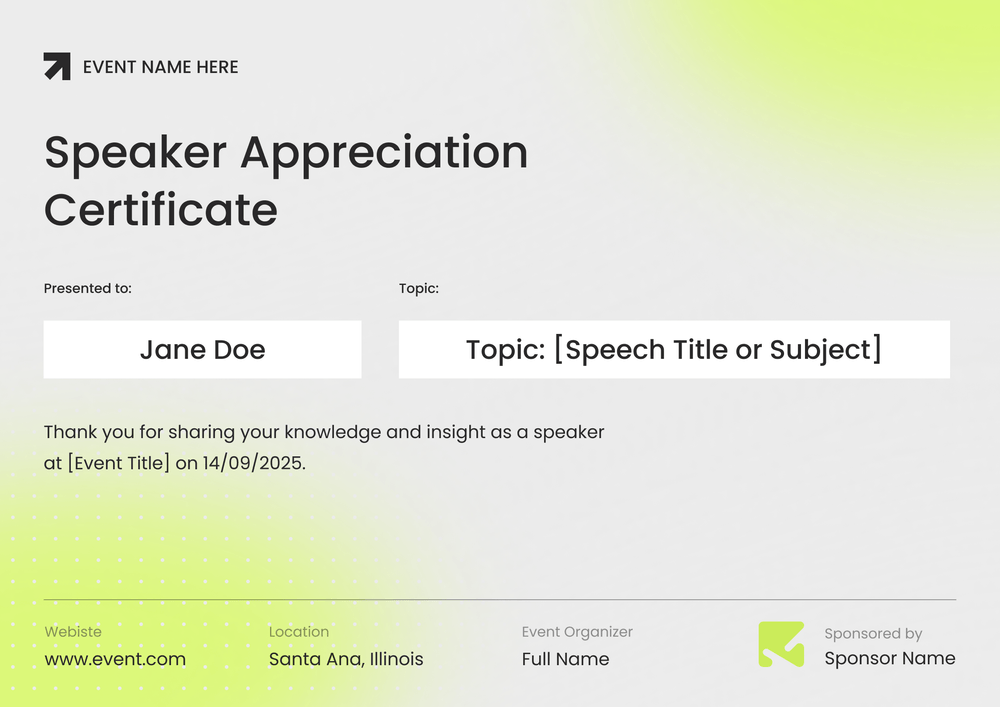 Certificate of Appreciation for Speaker – Landscape Certificate of Appreciation for Speaker – Landscape