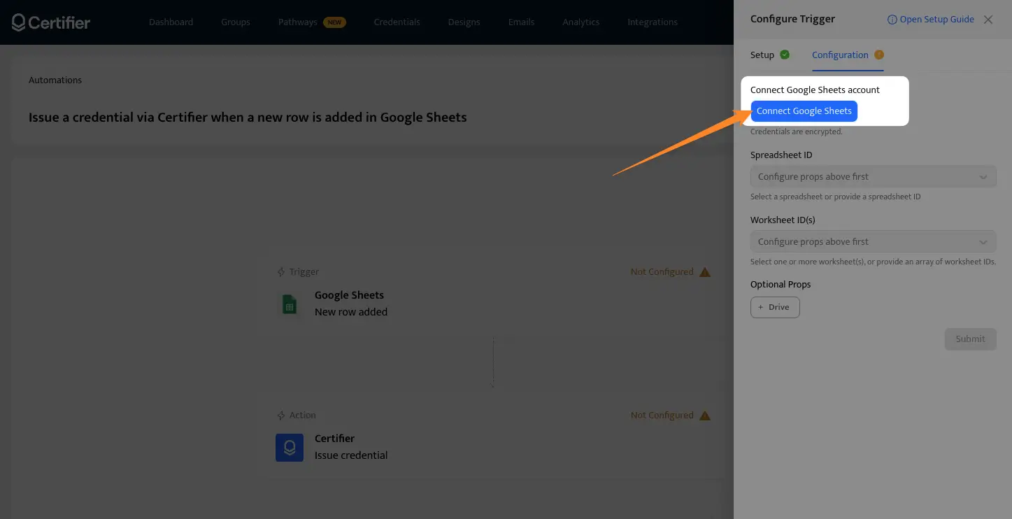 Connecting the Google Sheets account with Certifier. Connecting the Google Sheets account with Certifier.