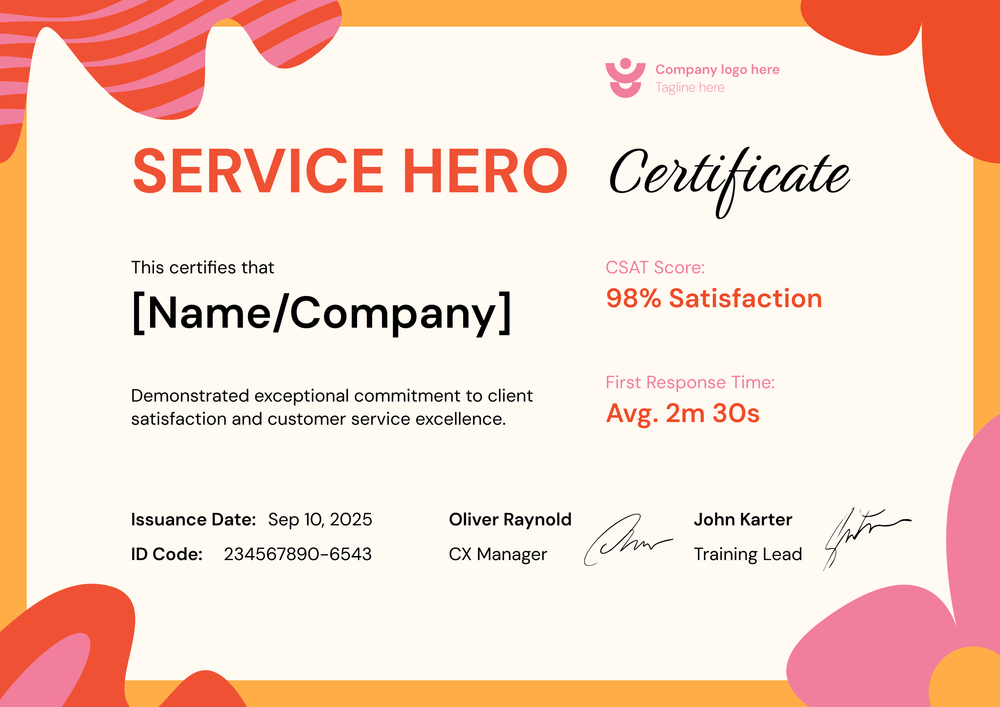 Customer Service Certificate Template – Landscape Customer Service Certificate Template – Landscape