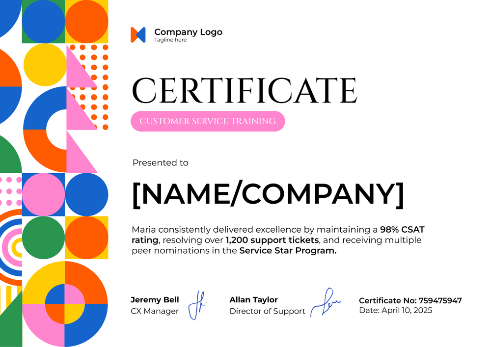 Free Customer Service Certificate Template – Landscape Free Customer Service Certificate Template – Landscape