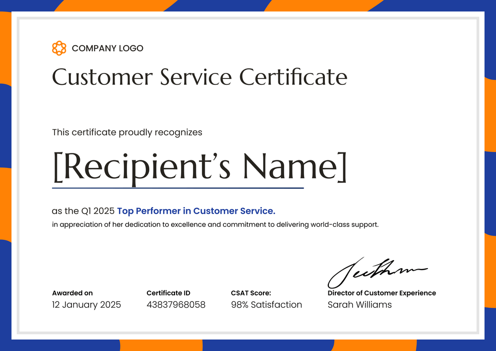 Customer Service Certificate Template – Landscape Customer Service Certificate Template – Landscape