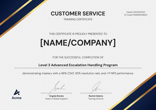 Customer Service Certificate Template – Landscape Customer Service Certificate Template – Landscape