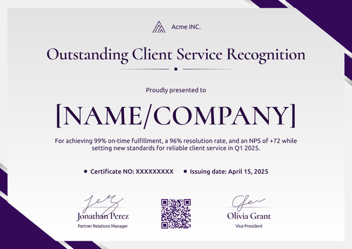 Customer Service Certificate Template — Landscape Customer Service Certificate Template — Landscape